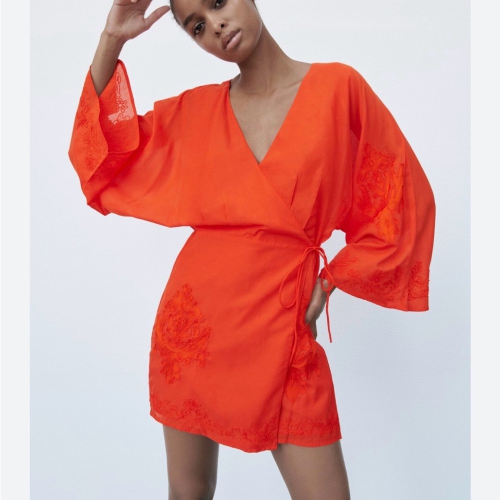 Zara Orange Embroidered Kimono Mini Dress